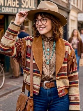Vintage Pioneer wear leather wool jacket western fringe medium Yellowstone